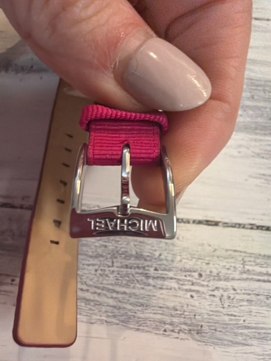 Michael Kors Rectangular Watch Pink Dial Silver Tone Case Pink Strap Watch
